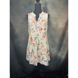 Johnny Was Jade Floral Eyelet Silk Cotton Tassel Tunic Dress Ivory M